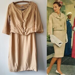Vintage 60’s beaded sheath dress with jacket Elegant gold Set size‎ S/M